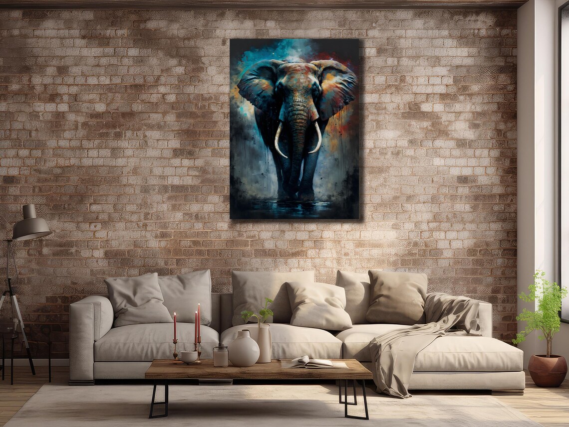 Elephant Standing Teal Blue Orange Watercolor Abstract Art Poster - Image 2