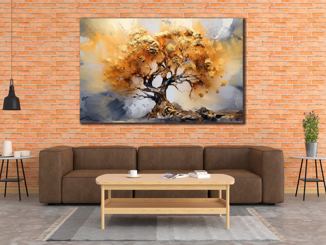 Golden Autumn Tree Abstract Oil Painting Warm Fall Wall Art Print