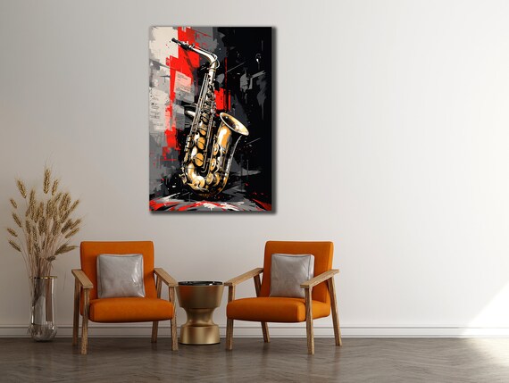 Golden Saxophone Red Black Gray Abstract Jazz Instrument Poster