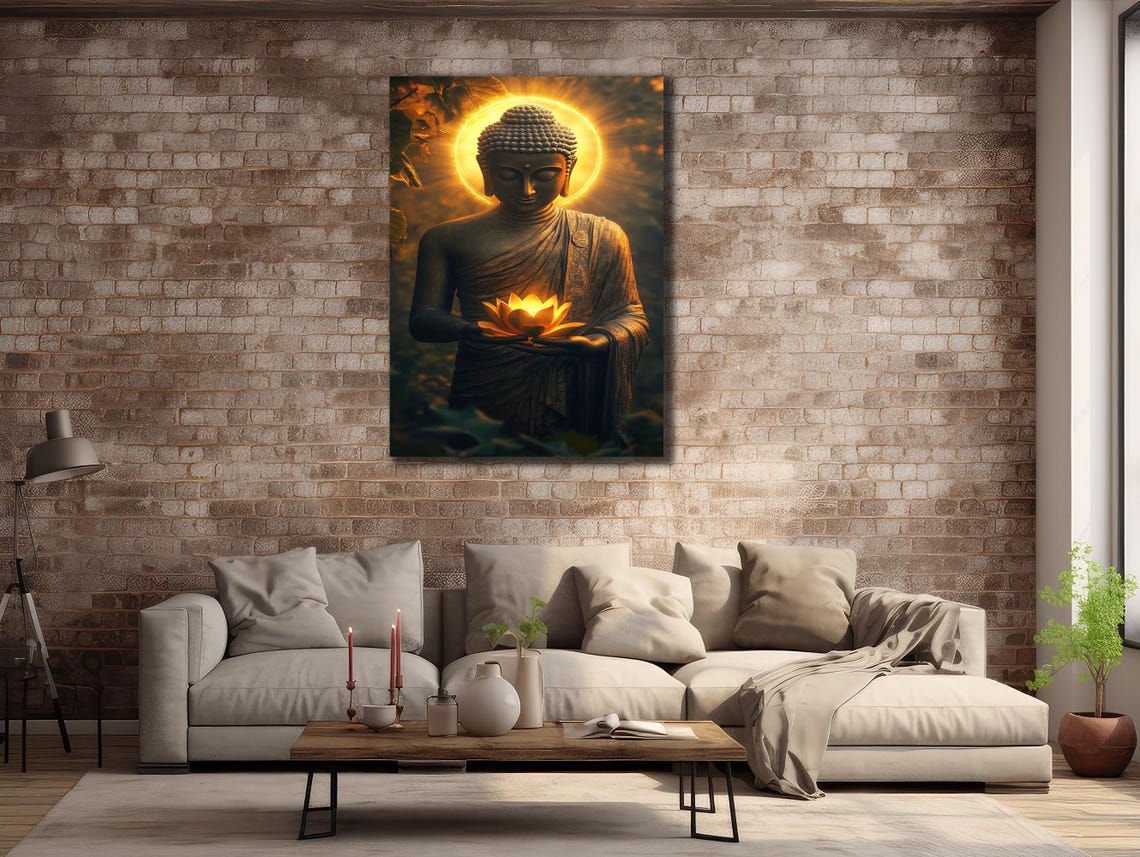Buddha Statue Golden Halo Holding Glowing Lotus Spiritual Wall Poster - Image 2