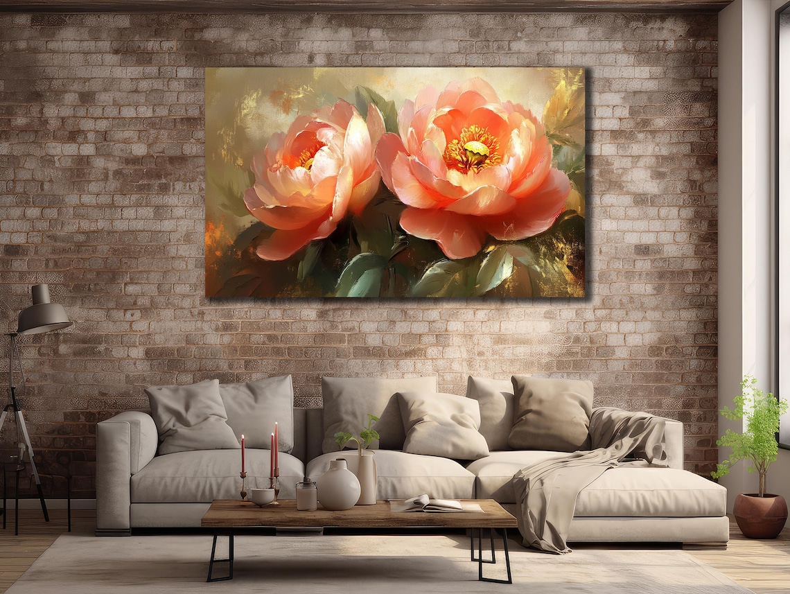 Coral Pink Peony Blossoms Golden Oil Painting Floral Wall Art Poster