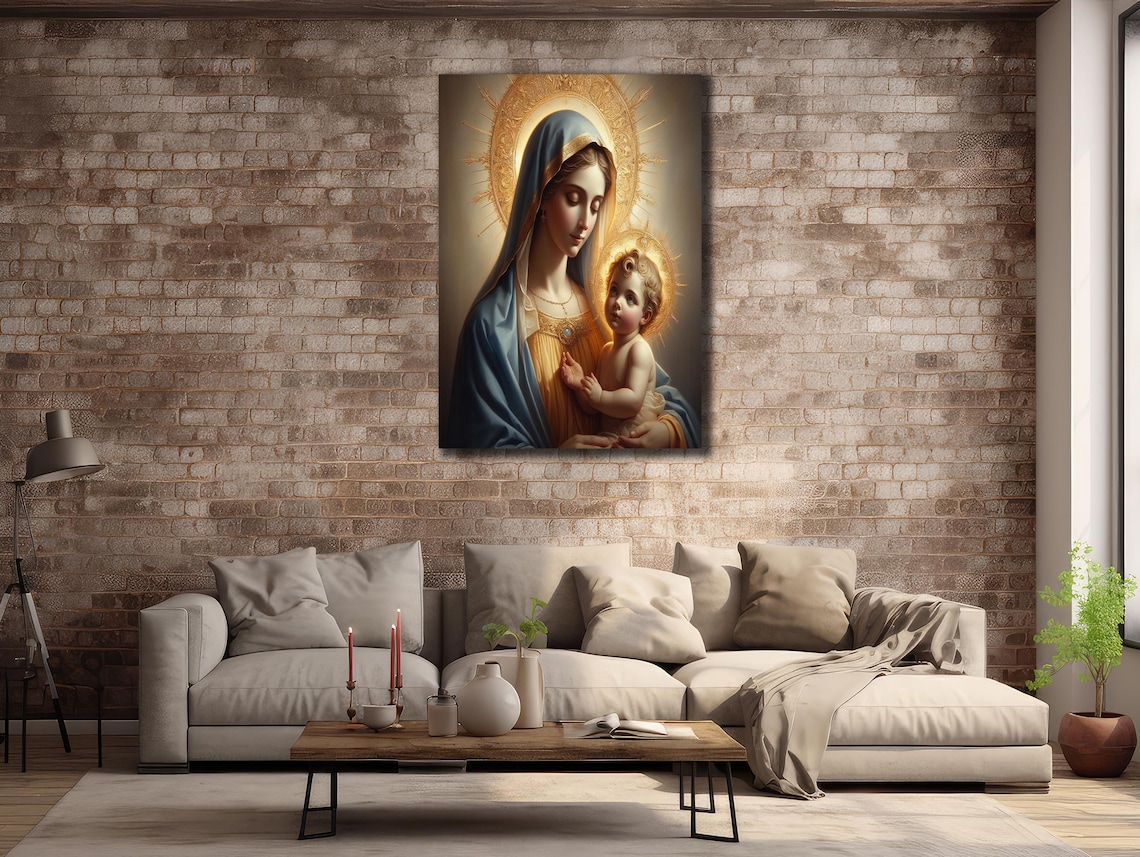 Virgin Mary Holding Baby Jesus Golden Halo Classic Religious Wall Art Poster - Image 2