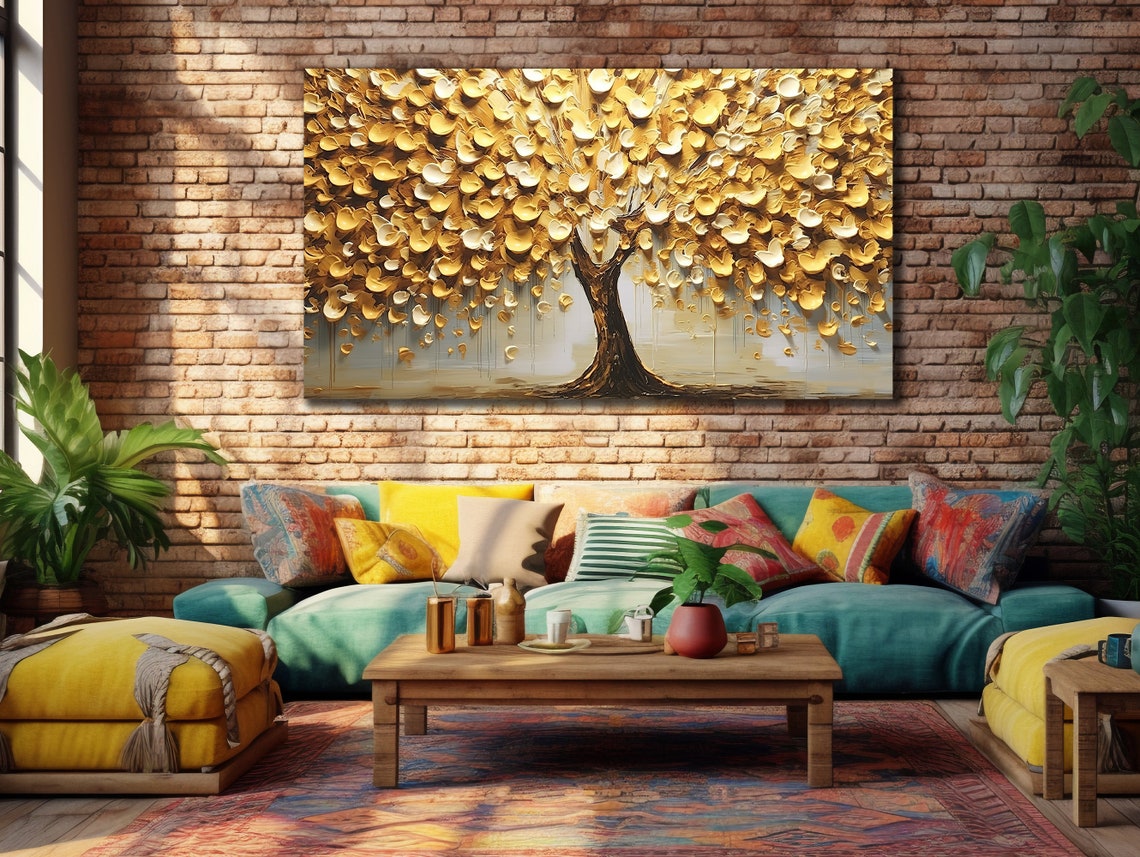 Golden Tree of Life Textured Gold Leaves Grey Background Art Poster