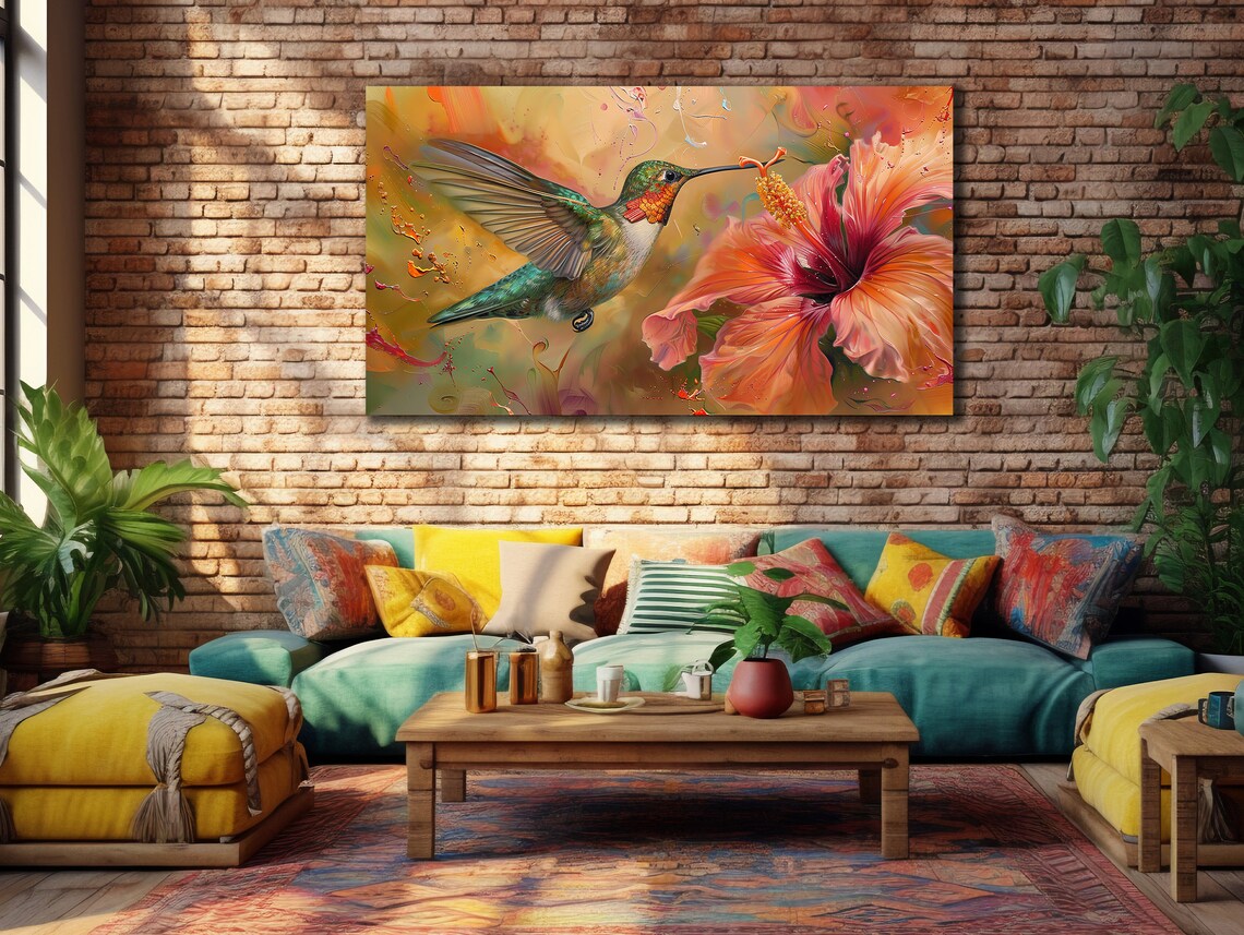 Hummingbird Hibiscus Flower Feeding Green Red Tropical Wall Art - Image 2