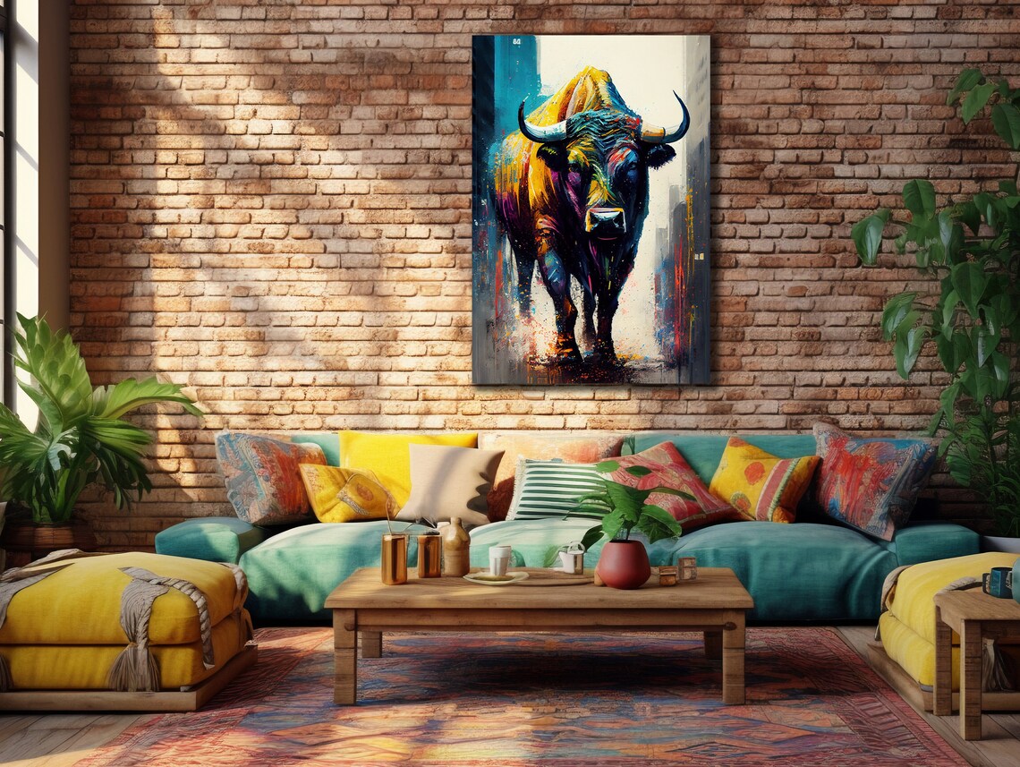 Colorful Bull Walking City Street Pop Art Animal Portrait Poster - Image 3