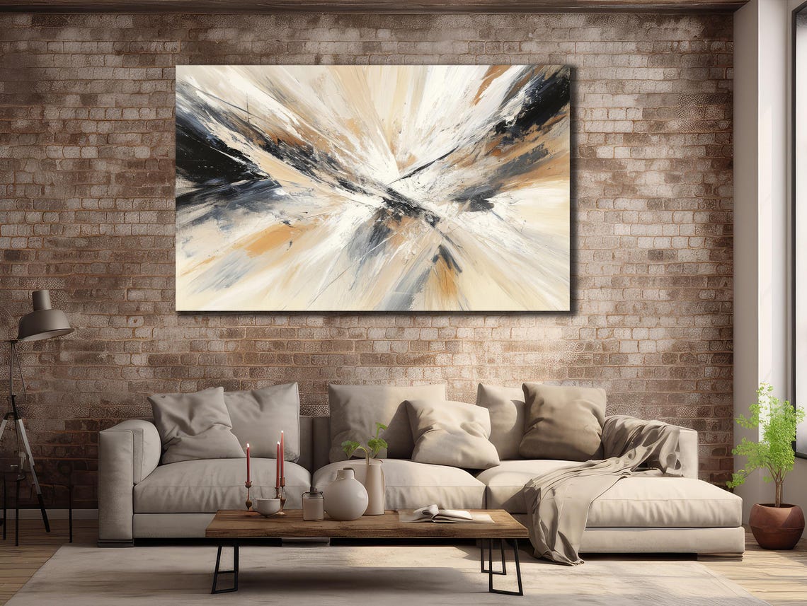 Beige Black Abstract Explosion Dynamic Brushstroke Modern Art Poster