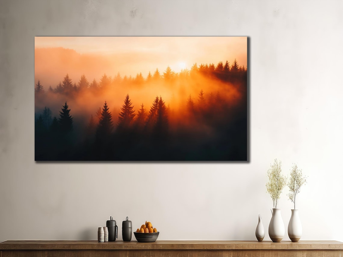 Misty Pine Forest Sunrise Orange Fog Nature Landscape Wall Poster - Image 3