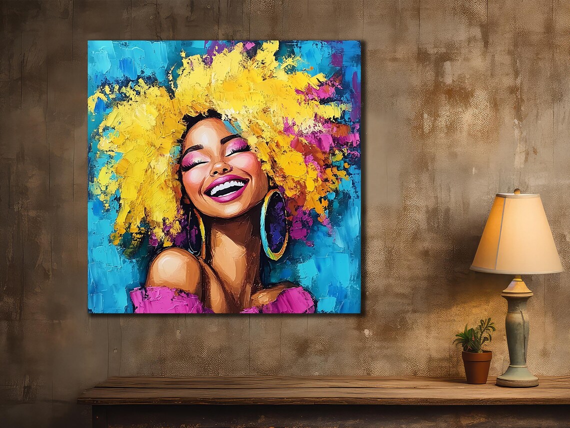 African Woman Laughing Yellow Afro Hair Bright Colors Art Poster - Image 2