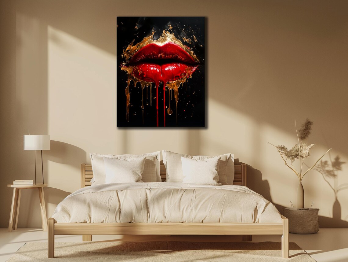 Red Lips Gold Drip Painting Black Background Bold Glamour Art Poster - Image 3