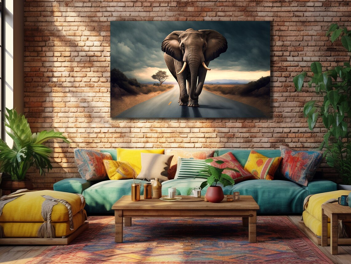 Lone Elephant Walking Road Stormy Sky African Wildlife Art Poster