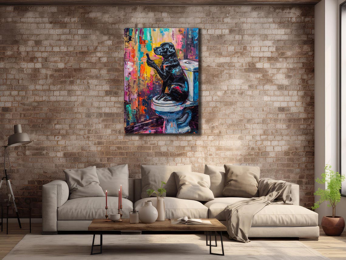 Dog Sitting On The Toilet Looking At The Phone Funny Bathroom Art Dog Wall Decor Animal Wall Art Toilet Wall Art Funny Dog Bathroom Print