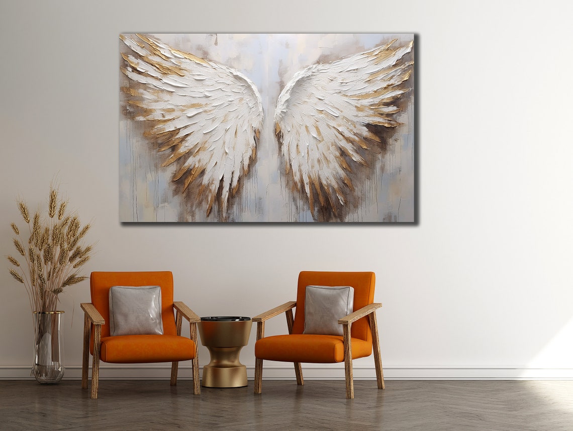 White Gold Angel Wings Impasto Painting On Light Gray Serene Poster