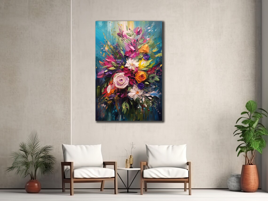 Colorful Floral Bouquet Roses Impasto Oil Painting Wall Art Poster