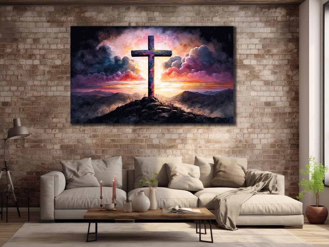 Cross On Rocky Hilltop Dramatic Sunset Faith Sky Painting Art Poster