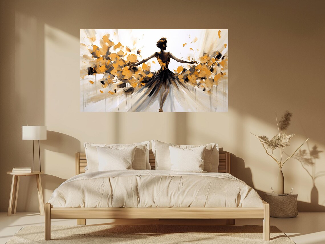 Ballerina Silhouette Black Dress Golden Confetti White Art Poster - Image 3