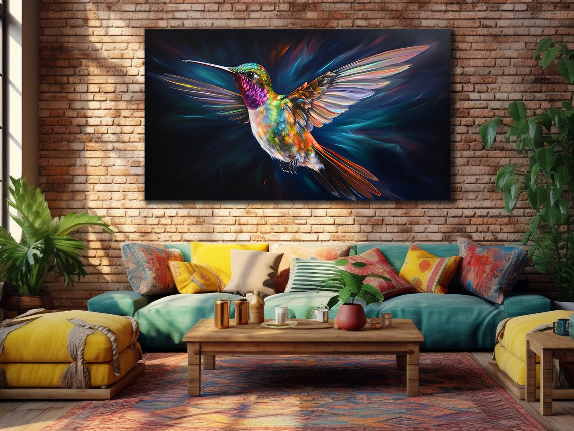 Rainbow Hummingbird Flight Iridescent Wings Dark Wall Art Print - Image 3