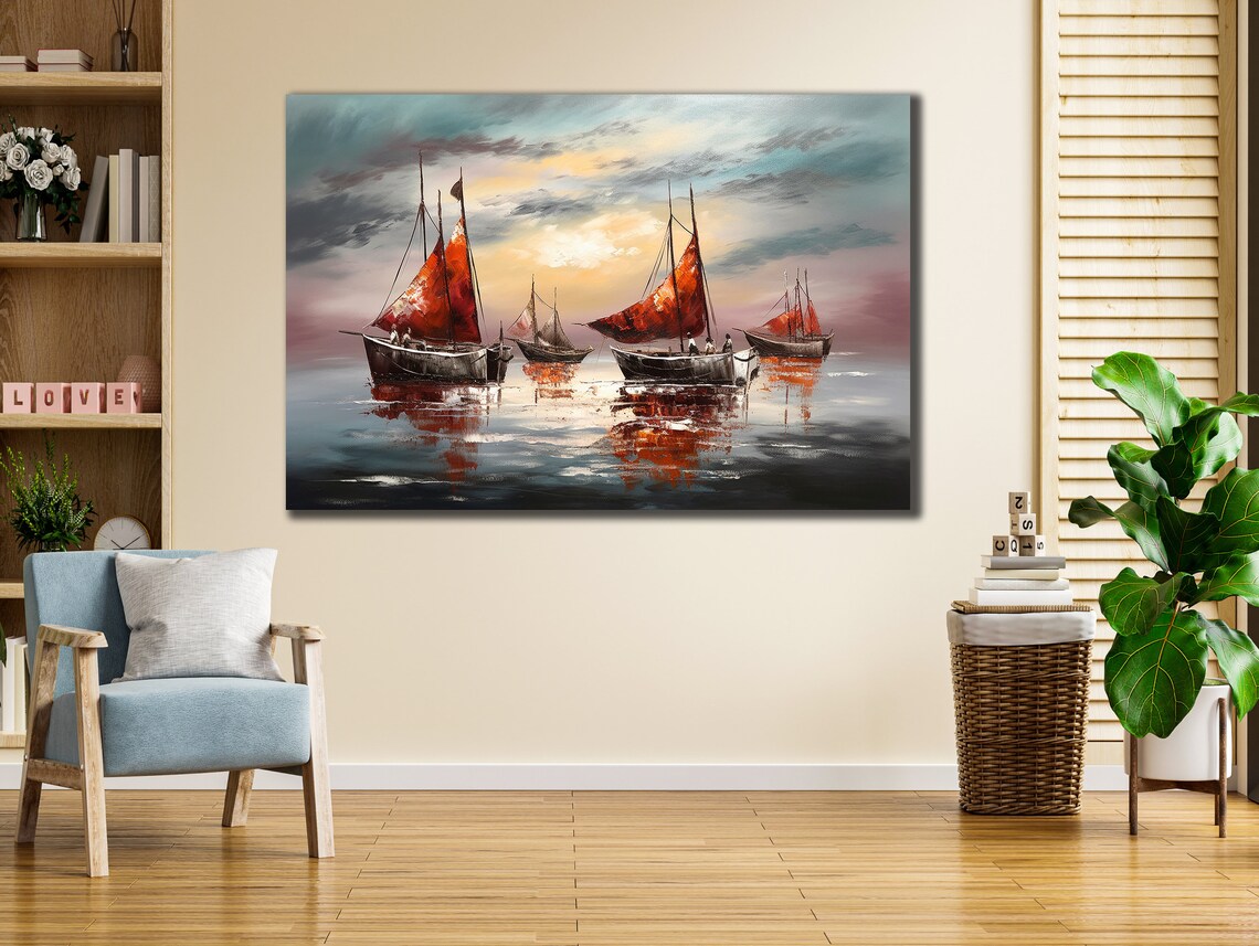 Red Sail Fishing Boats Sunset Harbor Seascape Oil Painting Poster - Image 2