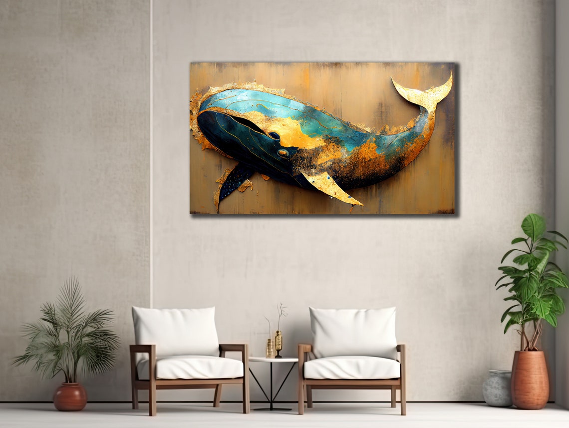 Blue Gold Whale 3D Metallic Style Bold Ocean Animal Wall Art Poster