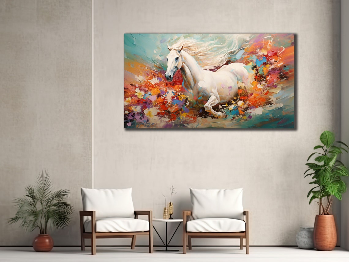 White Horse Galloping Through Colorful Abstract Splash Wall Art