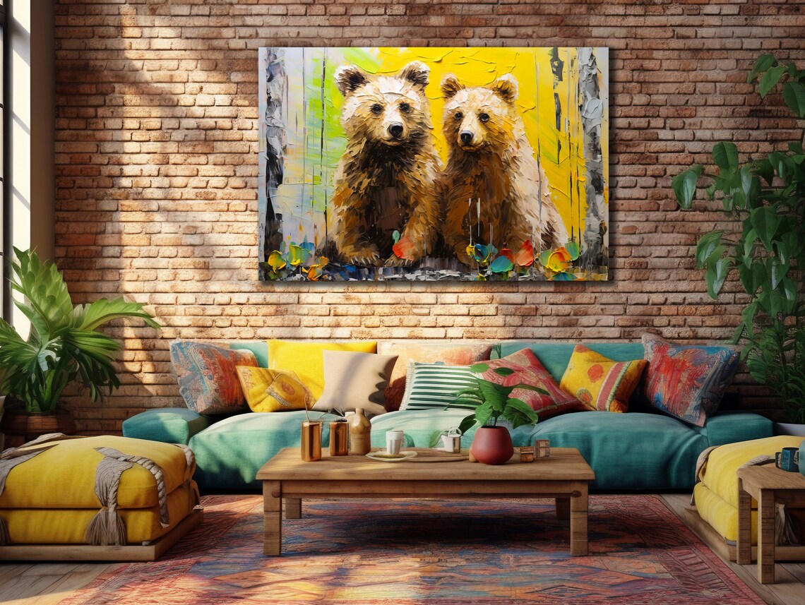 Bear Cubs in Birch Forest Yellow Palette Knife Painting Woodland Wall Art Poster - Image 2