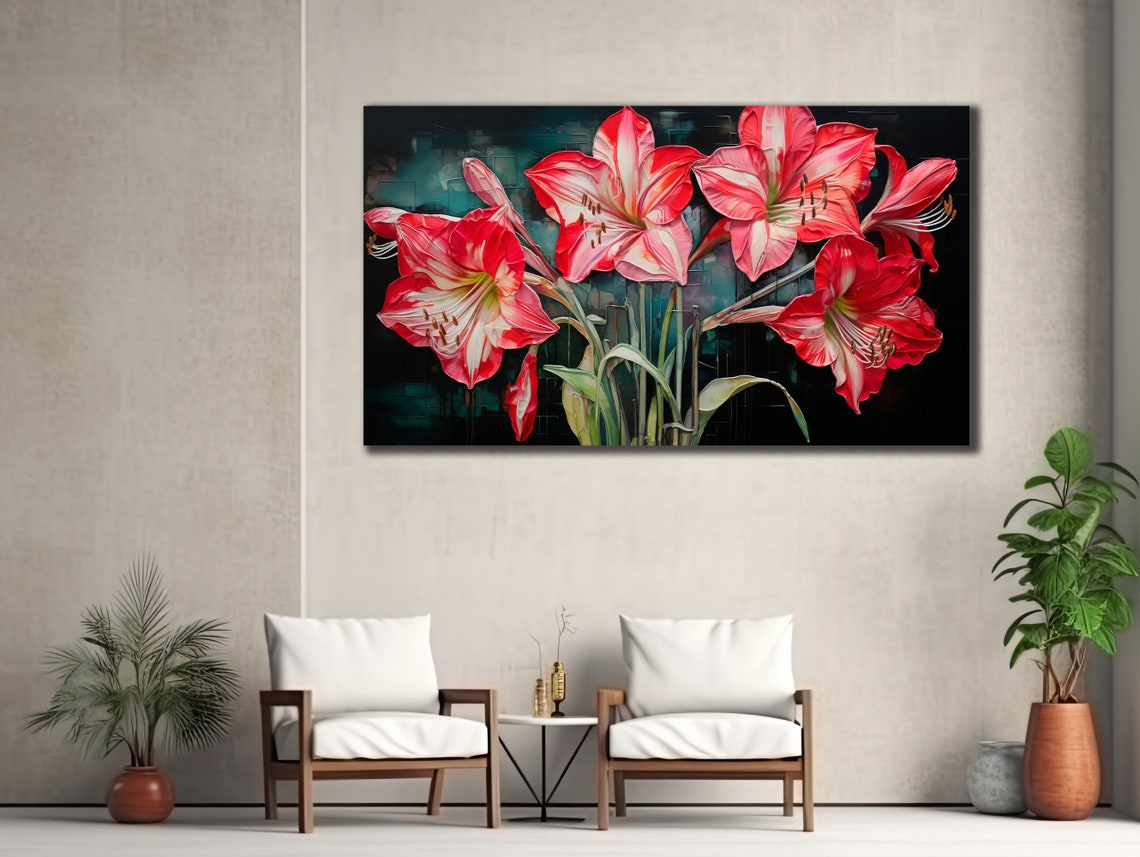 Red Amaryllis Flowers Dark Background Bold Floral Wall Art Print - Image 2