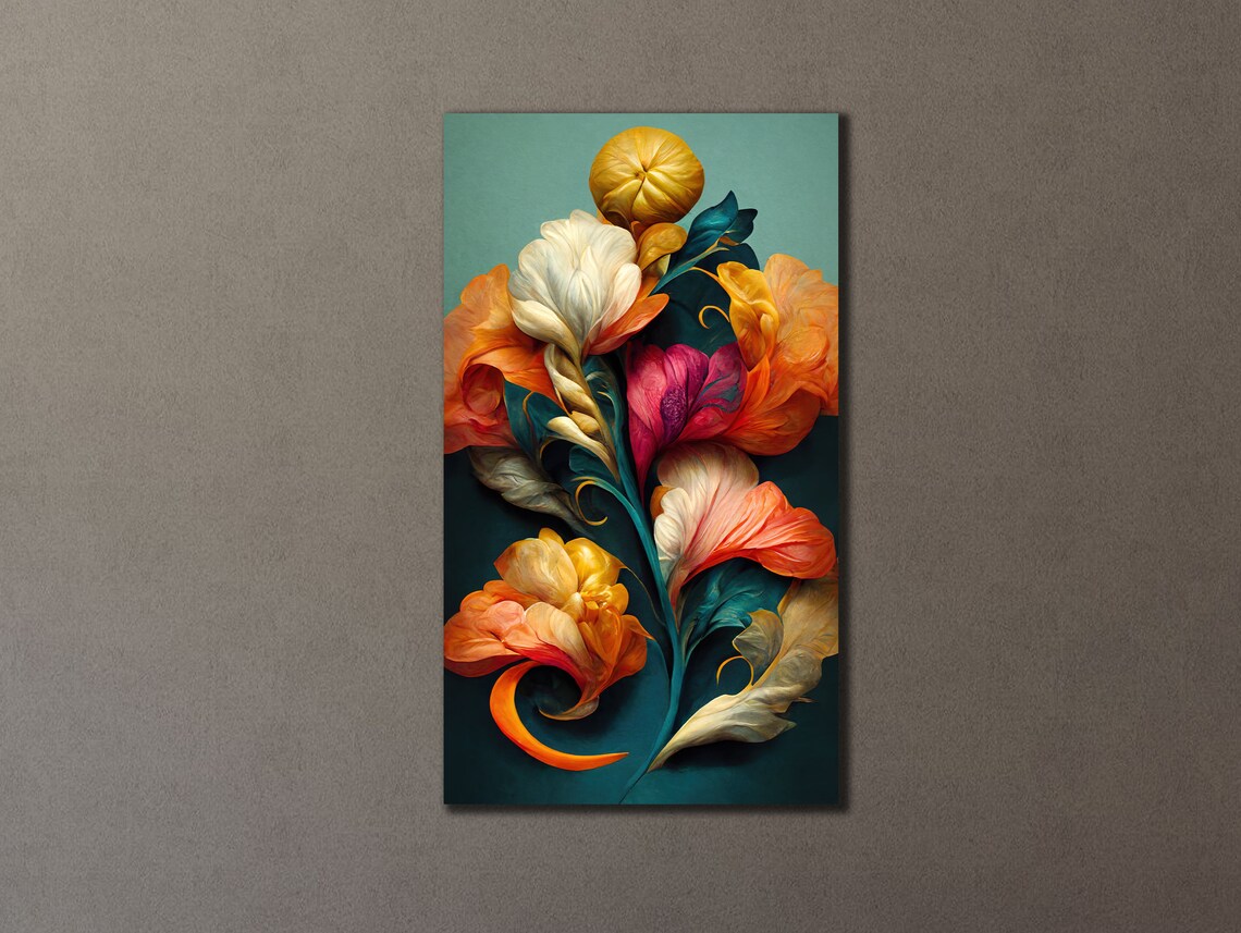 Vibrant Vertical Floral Arrangement Teal Background Art Poster