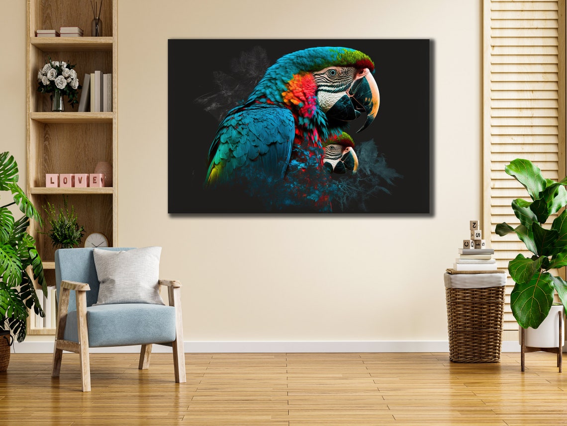 Vivid Blue and Red Macaw Parrots Pair on Black Background Art Poster - Image 3
