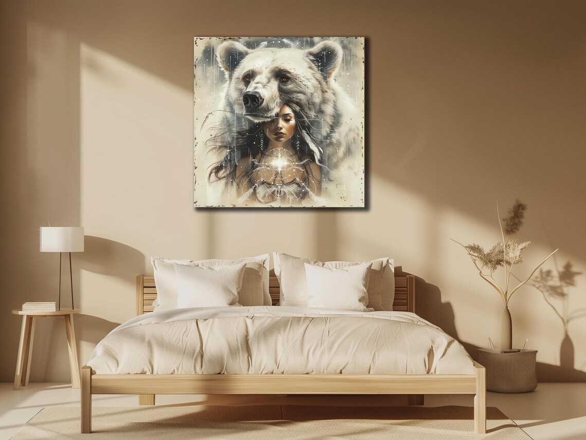 Polar Bear and Woman Fantasy Portrait Snowy White Dreamlike Art Print - Image 3