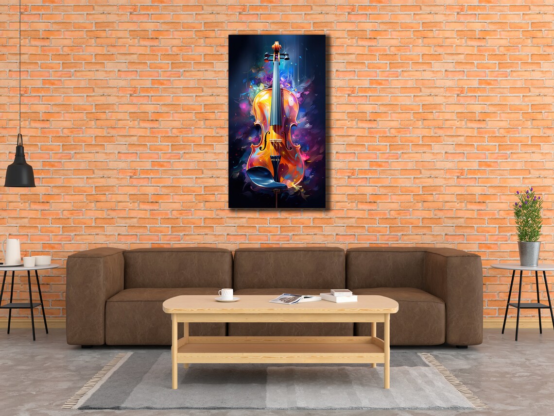 Glowing Violin Abstract Colorful Purple Blue Music Instrument Wall Print - Image 2
