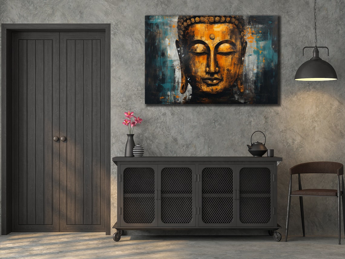Serene Golden Buddha Face Abstract Teal Dark Zen Wall Art Poster - Image 2