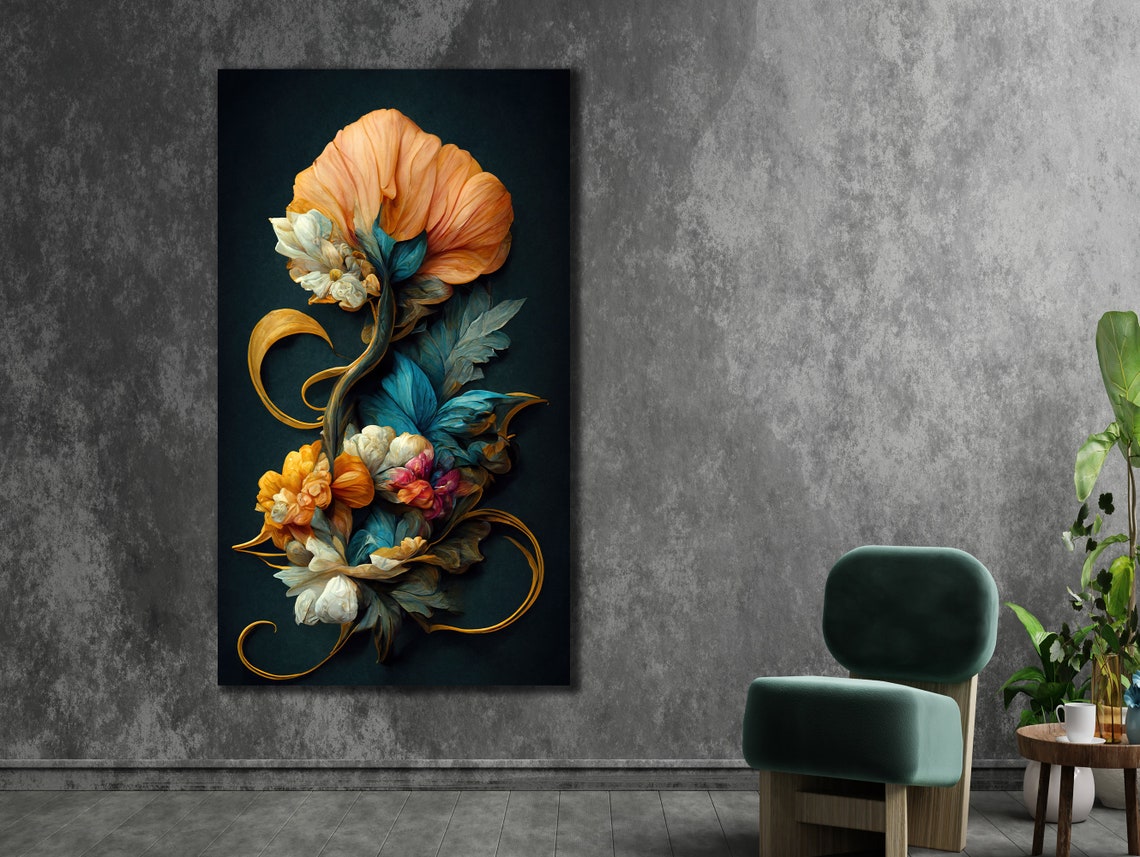 Baroque Floral Bouquet Orange Teal Gold Dark Background Art Poster