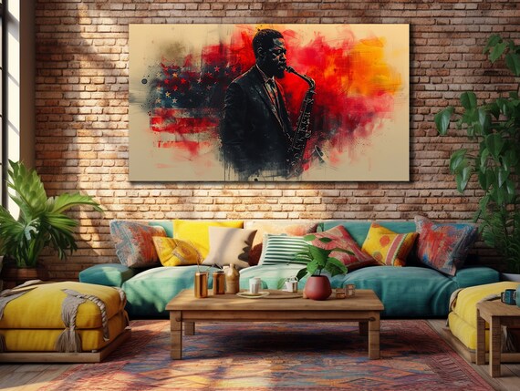 Saxophone Jazz Musician American Flag Watercolor Abstract Music Poster