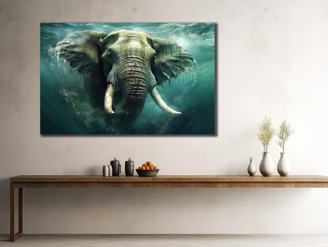 African Elephant Underwater Deep Teal Ocean Wildlife Painting Poster - Image 2