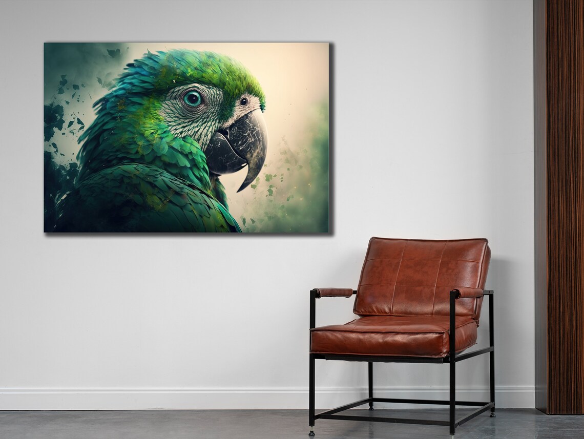 Green Parrot Close Up Portrait Detailed Feather Bird Wall Art Poster - Image 2