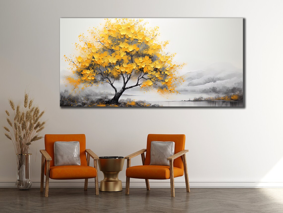 Golden Yellow Tree By Misty Lake Gray Gold Abstract Art Poster - Image 3