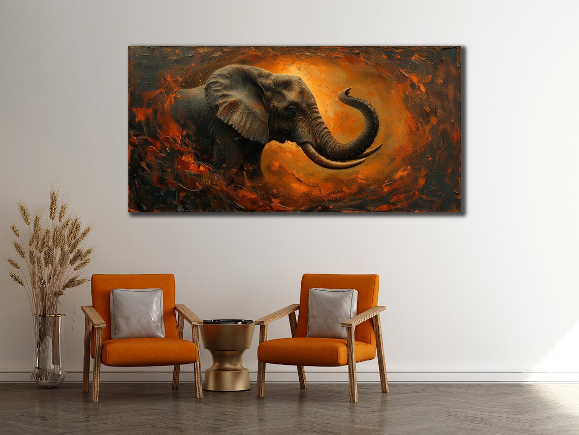 Elephant Head Golden Swirl Abstract Painting Wildlife Sunset Poster - Image 3