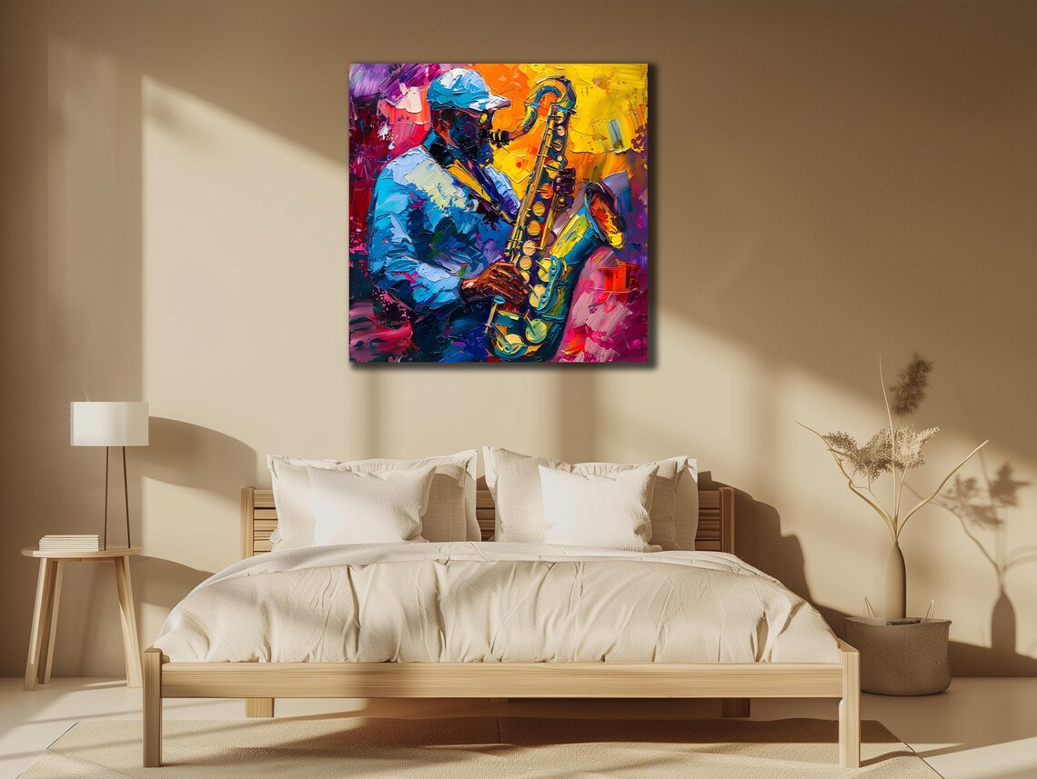 Jazz Saxophone Player Colorful Impasto Oil Musician Blues Wall Art Print Poster - Image 3