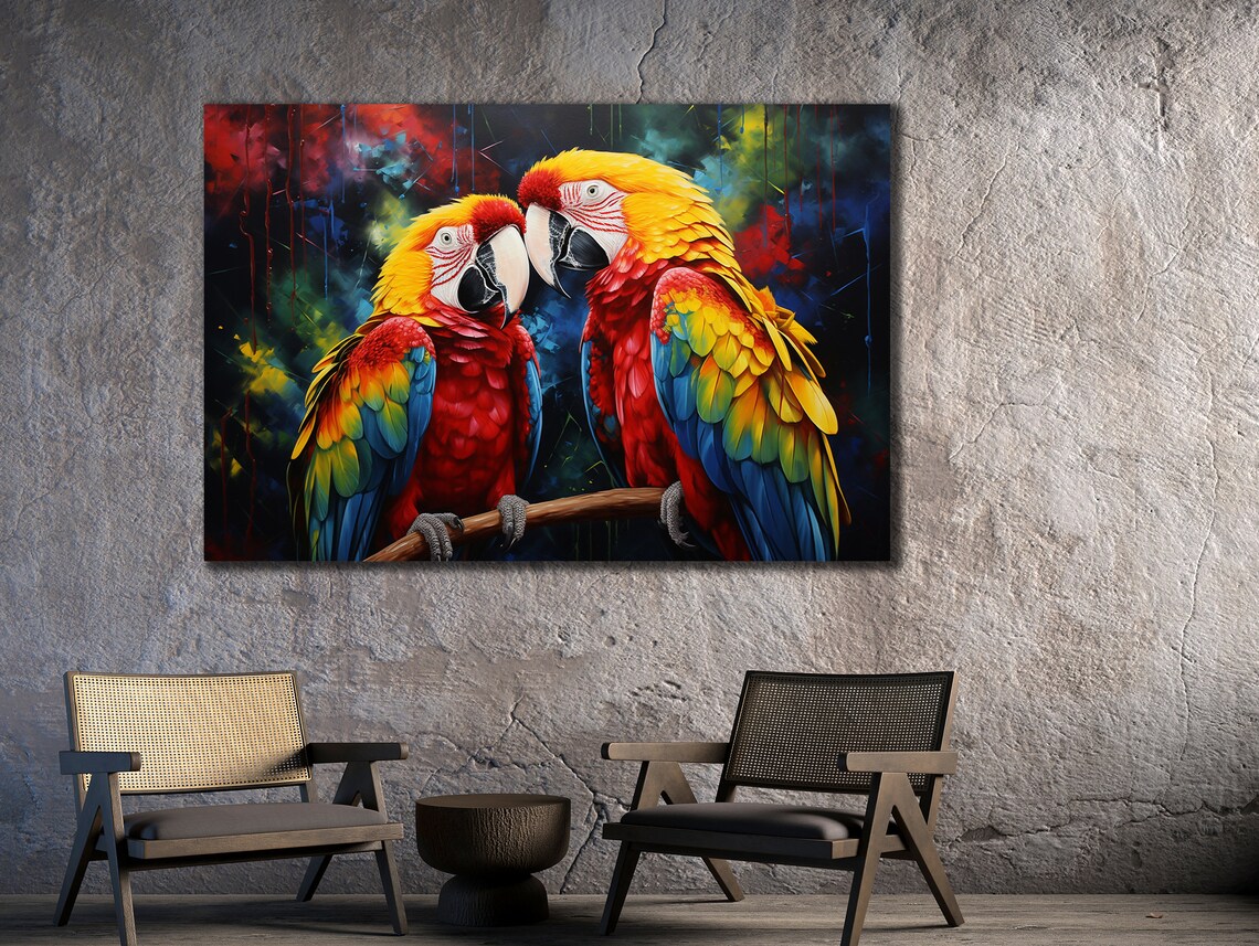 Two Scarlet Macaw Parrots Branch Vivid Tropical Bird Art Poster - Image 2