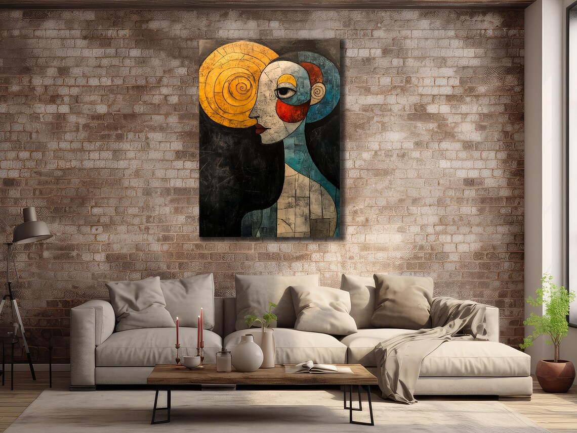 Cubist Woman Face Golden Spiral Sun Blue Abstract Art Poster - Image 2