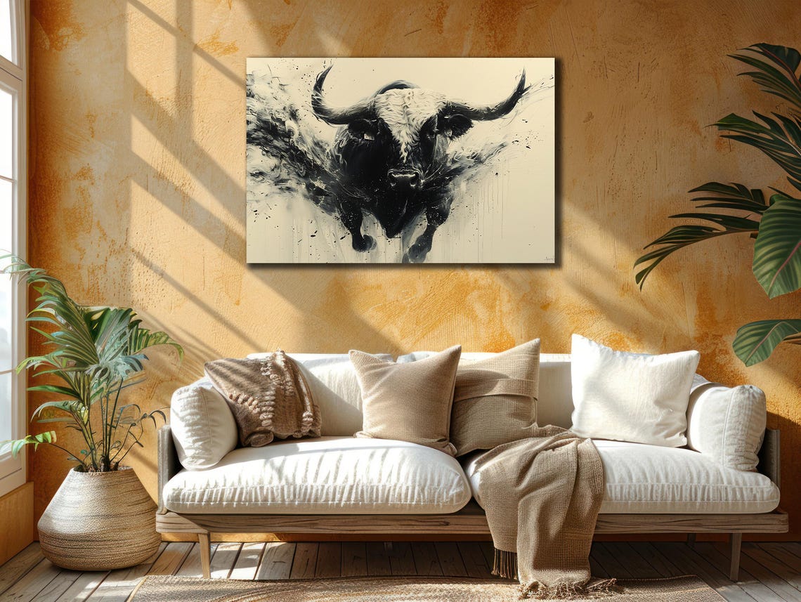 Charging Black Bull Ink Splash Monochrome Modern Bull Art Wall Poster - Image 2