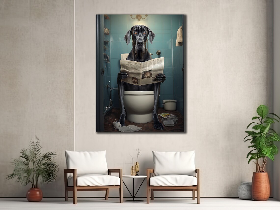 Funny Black Dog Reading Newspaper On Toilet Bathroom Humor Art Poster