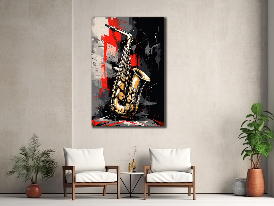 Golden Saxophone Red Black Gray Abstract Jazz Instrument Poster - Image 2