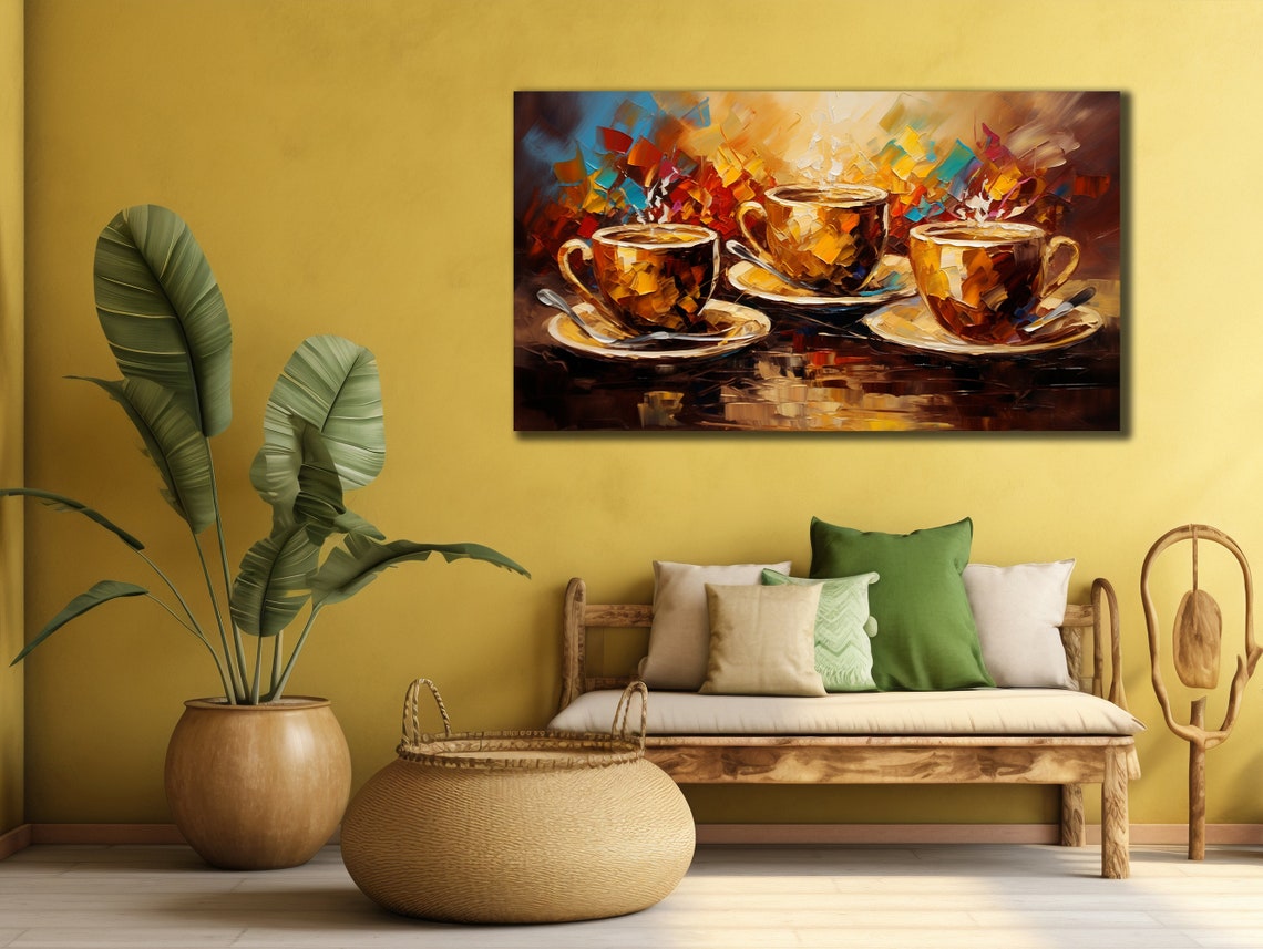Three Golden Coffee Cups Palette Knife Kitchen Cafe Wall Art Print - Image 2