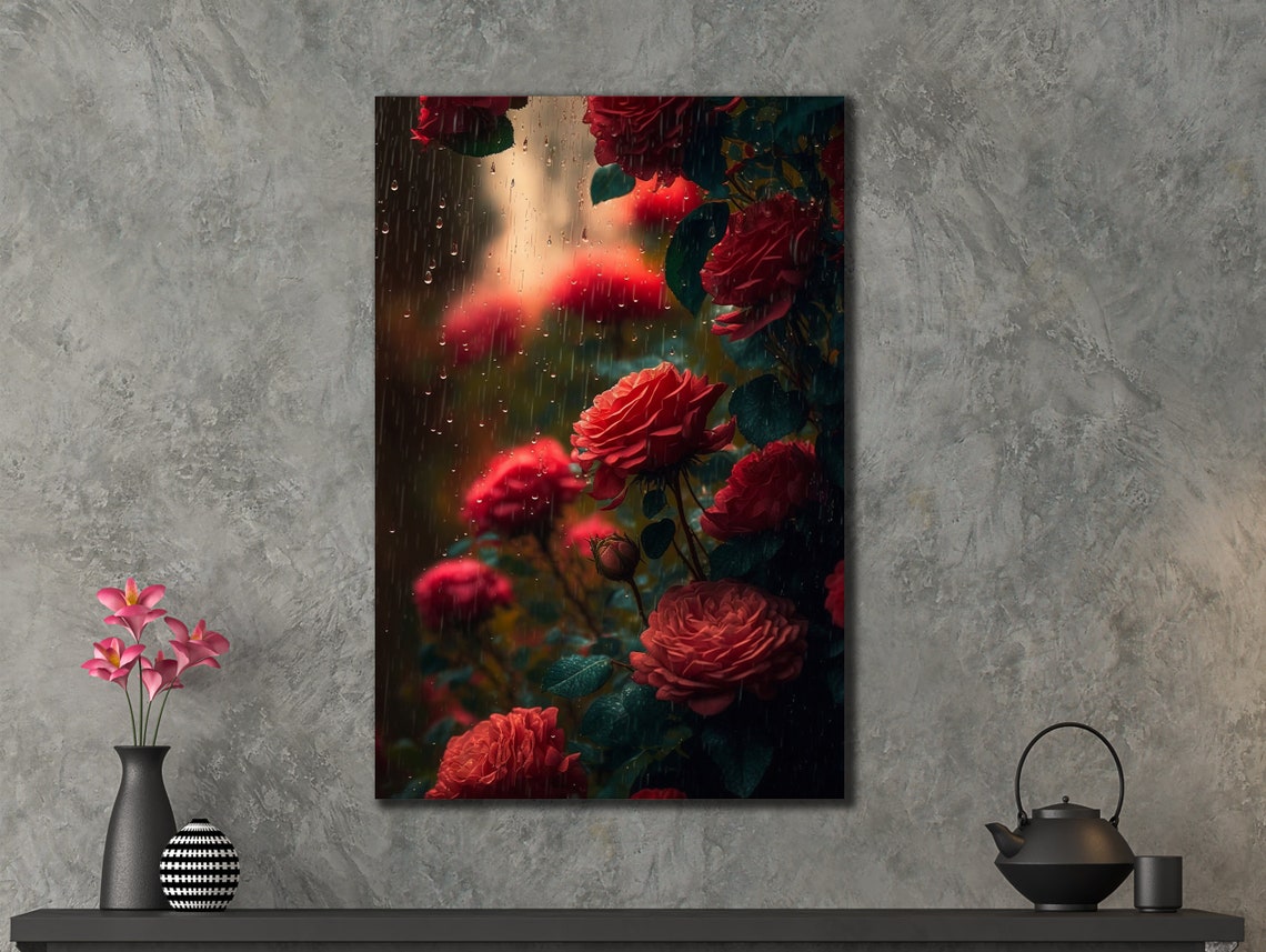 Red Roses Rain Drops Dark Romantic Floral Photography Wall Art
