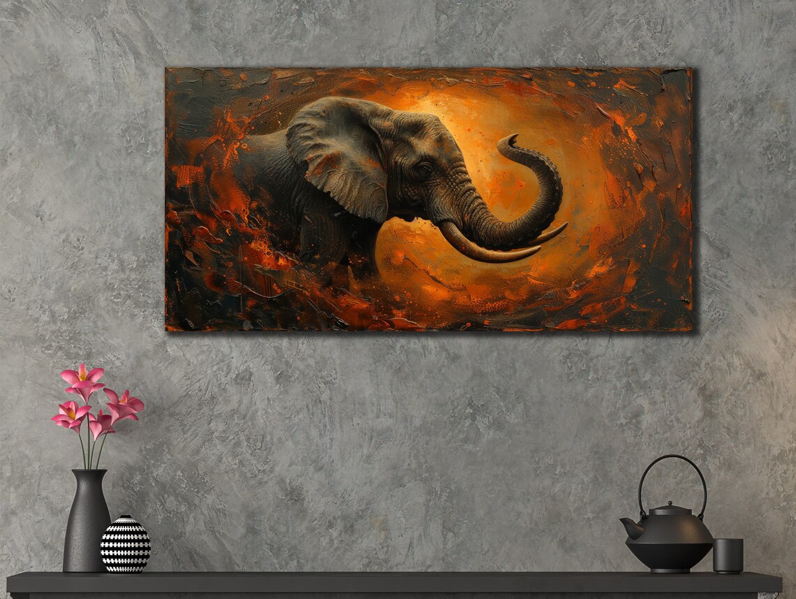 Elephant Head Golden Swirl Abstract Painting Wildlife Sunset Poster - Image 2