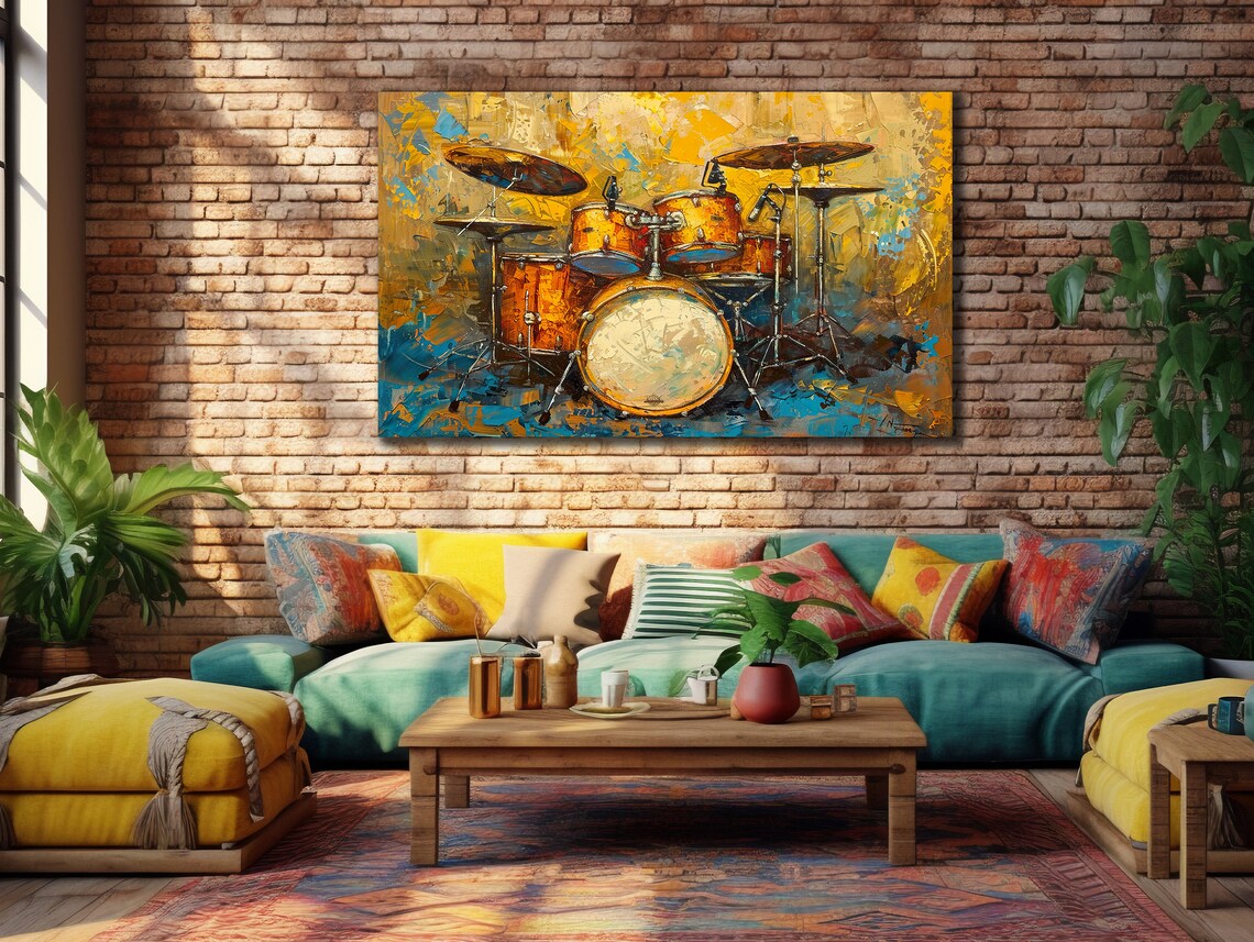 Orange Gold Drum Set Abstract Painting Modern Music Studio Wall Art Poster - Image 3