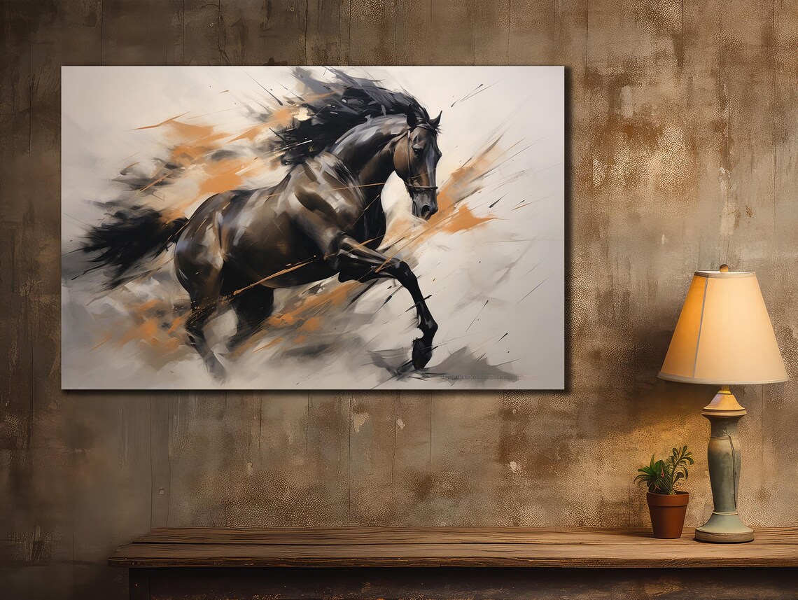 Dark Bay Galloping Horse Orange Abstract Streaks Equestrian Art Print - Image 2