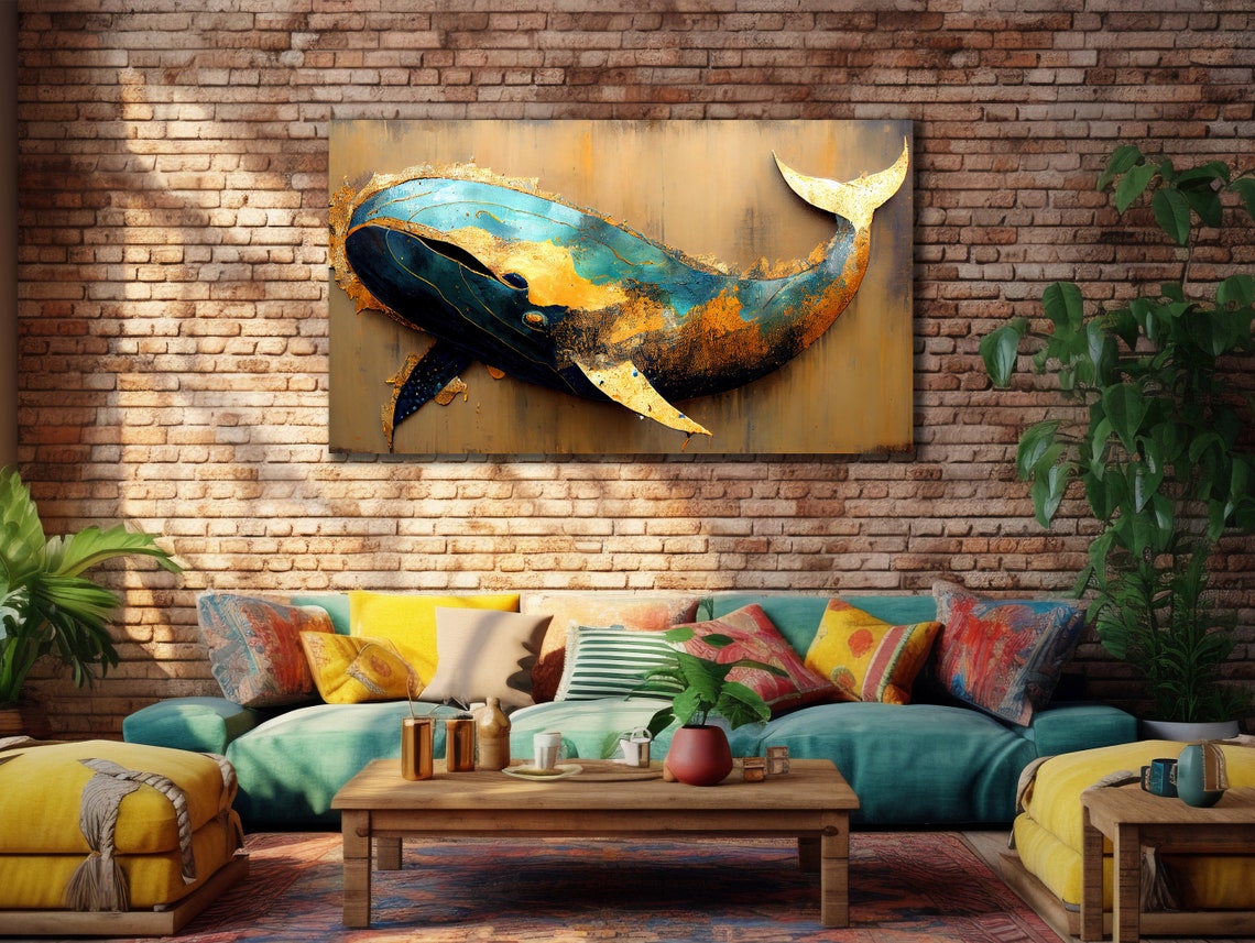 Blue Gold Whale 3D Metallic Style Bold Ocean Animal Wall Art Poster - Image 3