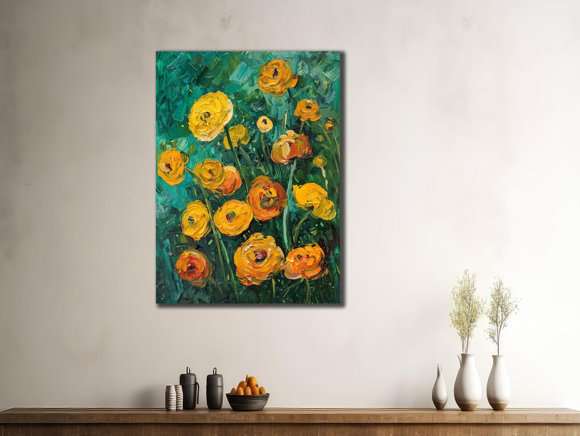 Vibrant Yellow Ranunculus Teal Green Background Joyful Floral Poster - Image 3