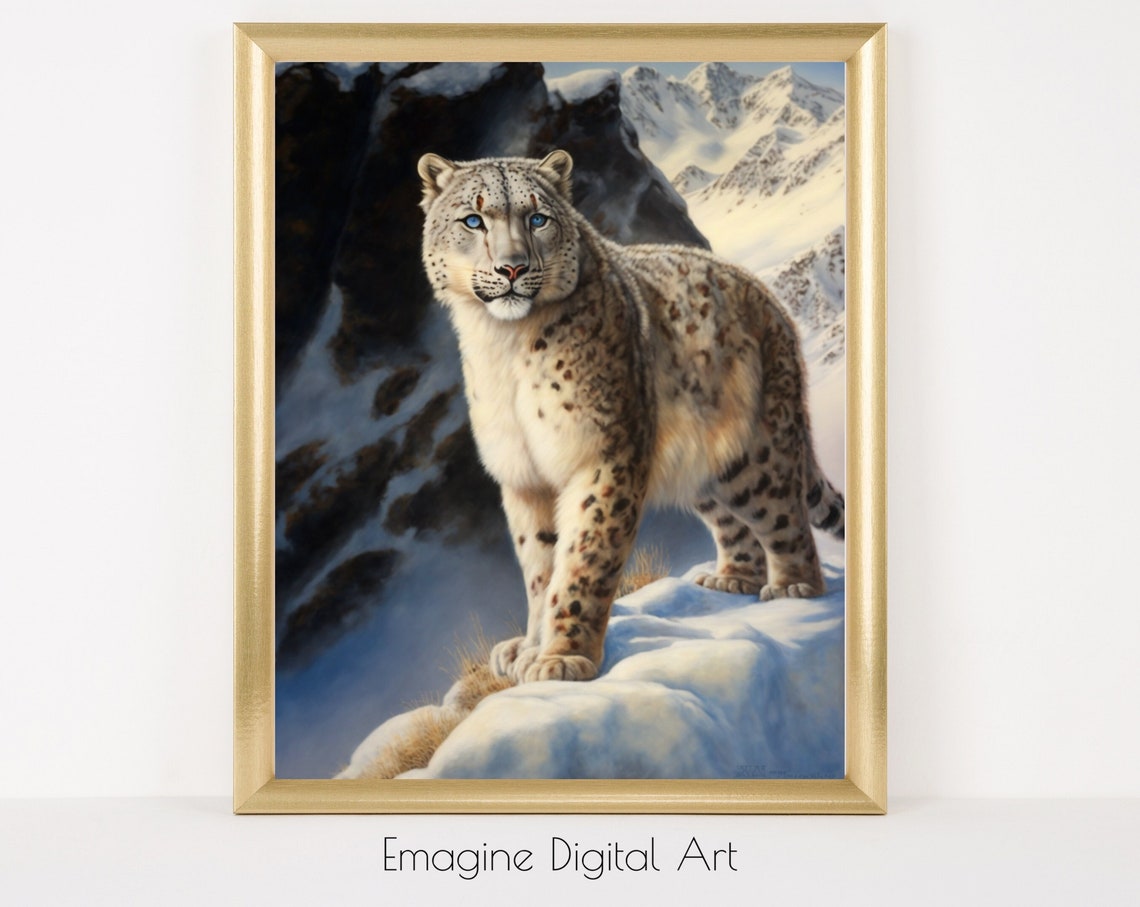 Snow Leopard Standing on Snowy Mountain Ledge Wildlife Poster Art